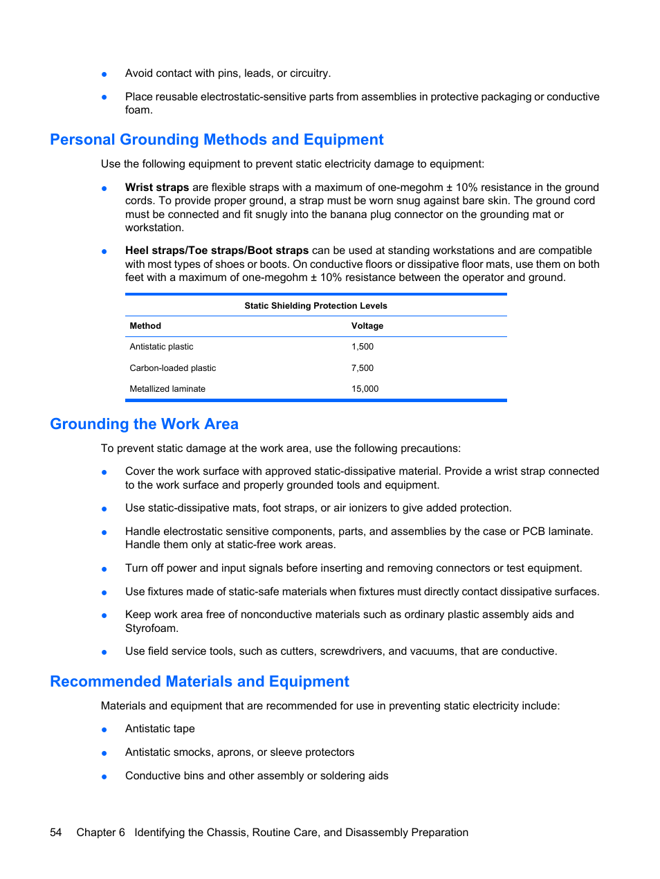 Personal grounding methods and equipment, Grounding the work area, Recommended materials and equipment | HP DC7800 User Manual | Page 66 / 276
