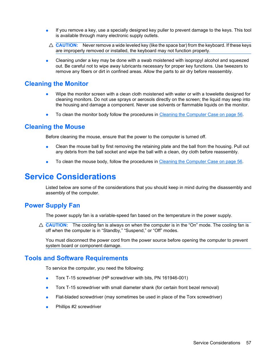 Cleaning the monitor, Cleaning the mouse, Service considerations | Power supply fan, Tools and software requirements, Cleaning the monitor cleaning the mouse, Power supply fan tools and software requirements | HP DC7800 User Manual | Page 69 / 276