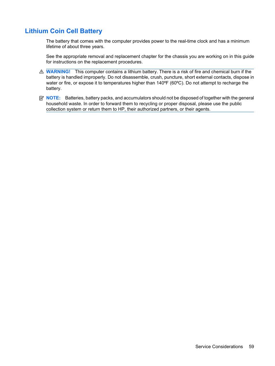 Lithium coin cell battery | HP DC7800 User Manual | Page 71 / 276