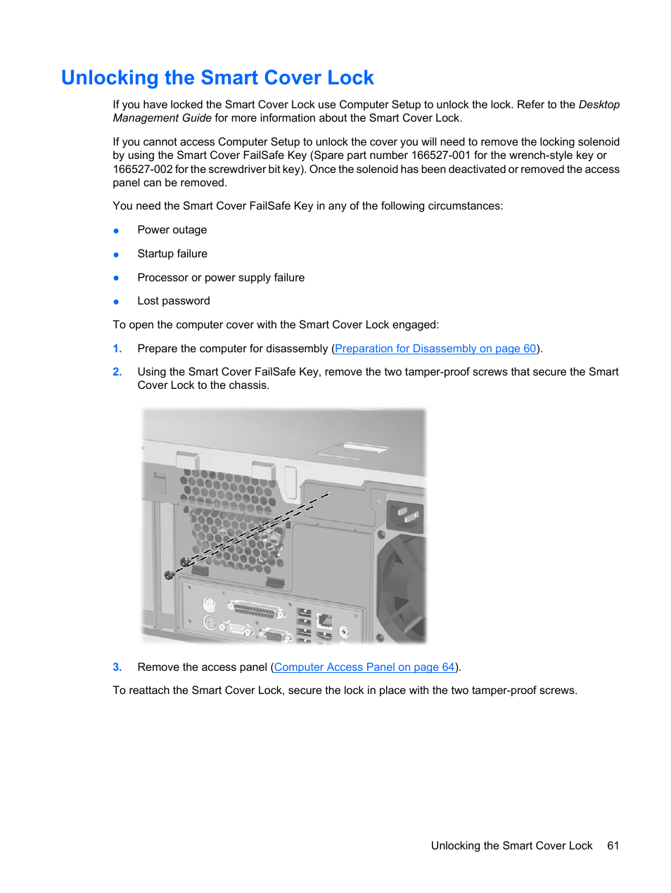 Unlocking the smart cover lock, Uter, Unlocking the smart | HP DC7800 User Manual | Page 73 / 276