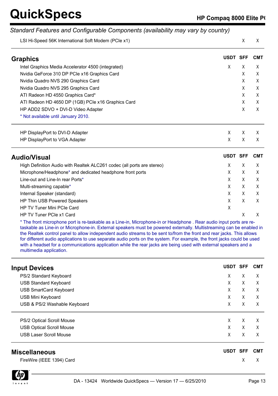 Quickspecs, Graphics, Audio/visual | Input devices, Miscellaneous | HP ELITE 8000 User Manual | Page 13 / 62