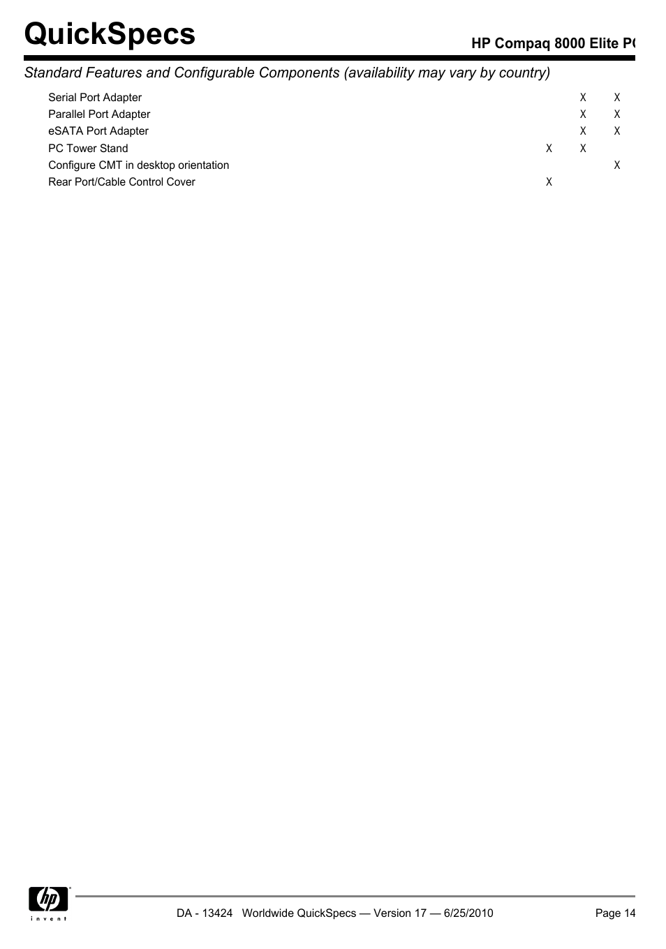 Quickspecs | HP ELITE 8000 User Manual | Page 14 / 62