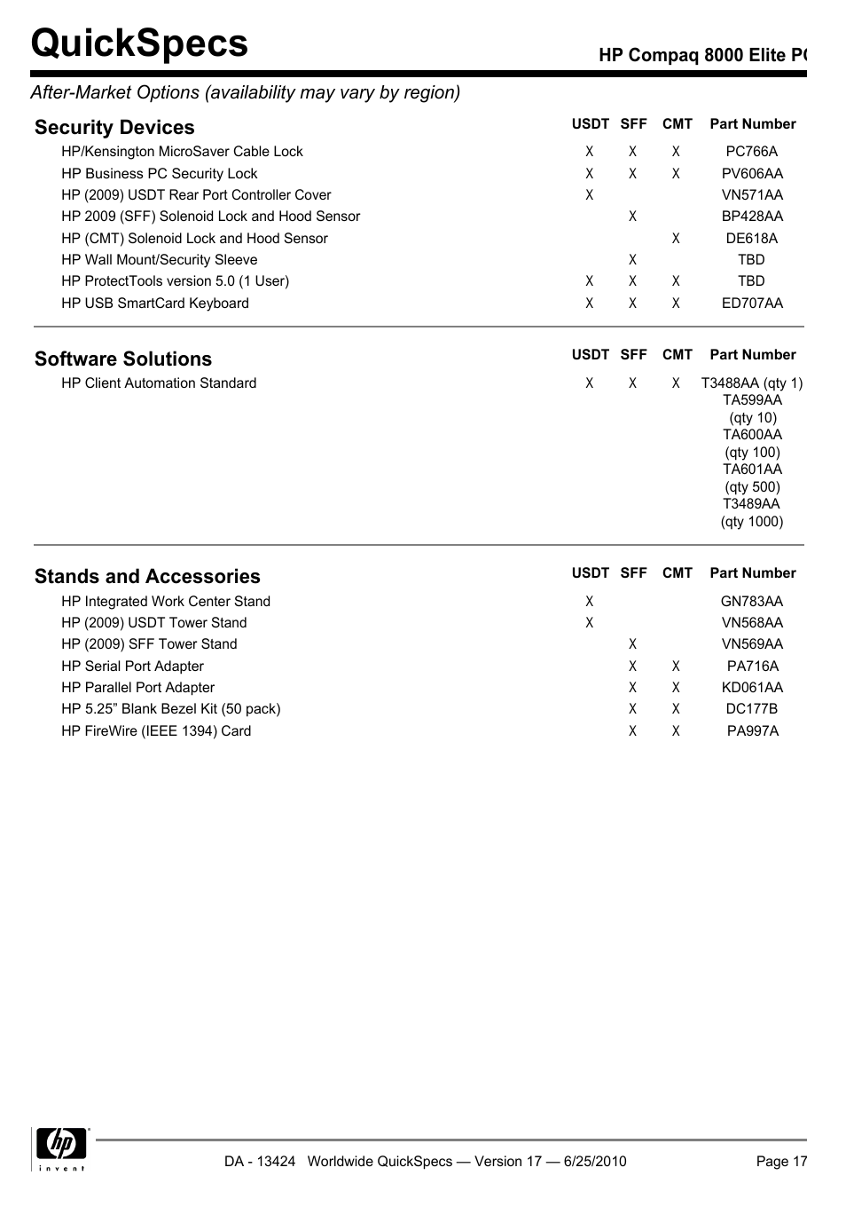 Quickspecs, Security devices, Software solutions | Stands and accessories | HP ELITE 8000 User Manual | Page 17 / 62