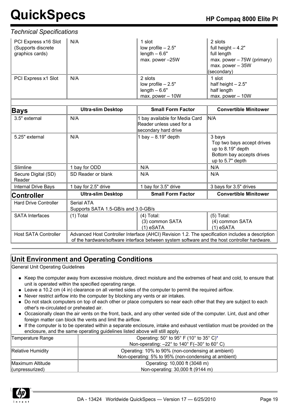 Quickspecs, Bays, Controller | Unit environment and operating conditions, Hp compaq 8000 elite pc technical specifications | HP ELITE 8000 User Manual | Page 19 / 62