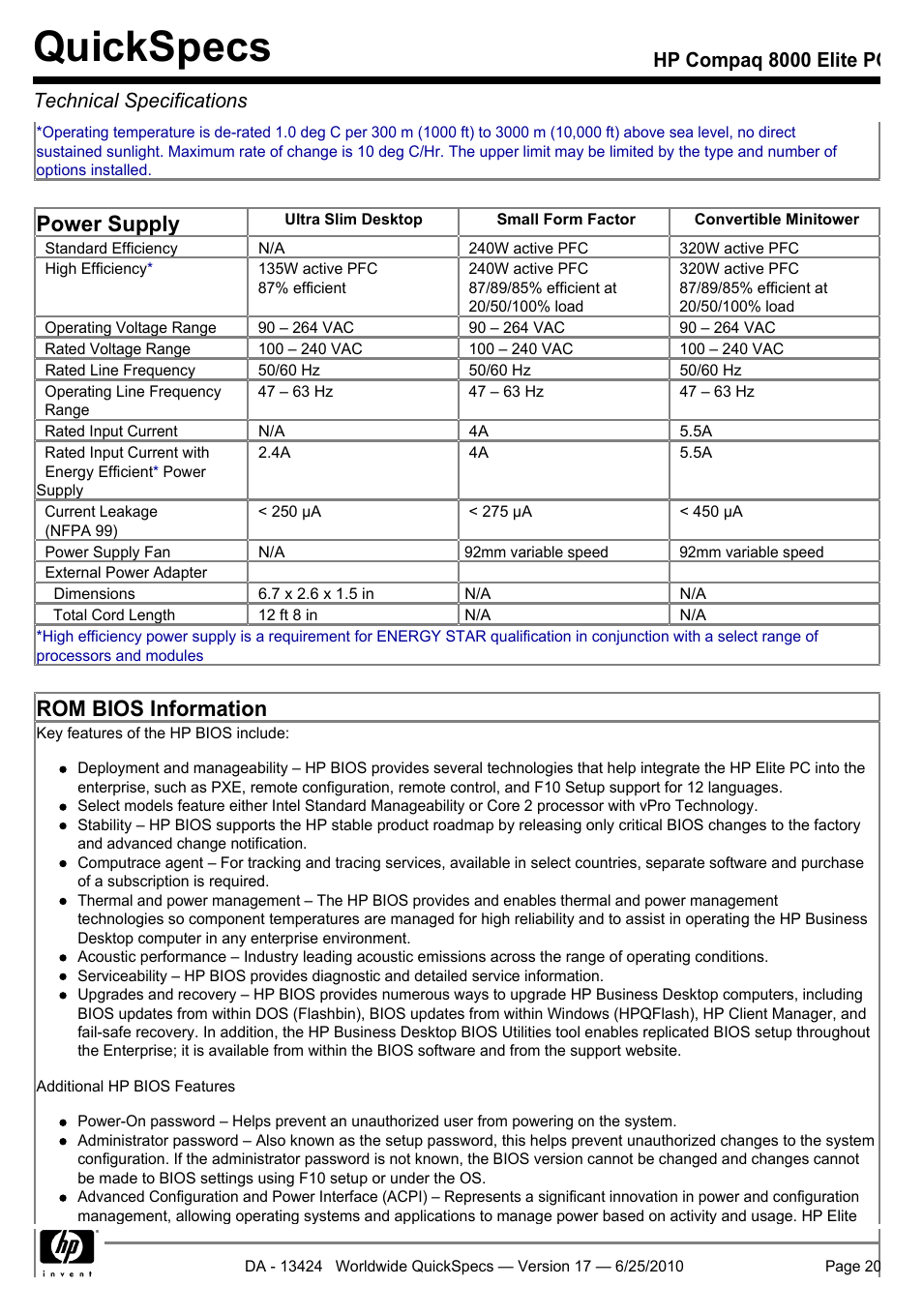 Quickspecs, Power supply, Rom bios information | Hp compaq 8000 elite pc technical specifications | HP ELITE 8000 User Manual | Page 20 / 62