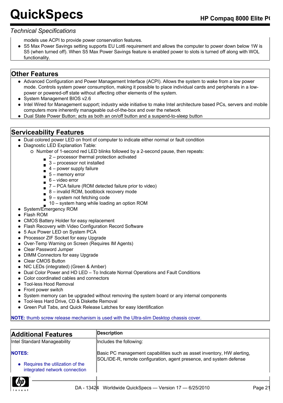 Quickspecs, Other features, Serviceability features | Additional features | HP ELITE 8000 User Manual | Page 21 / 62