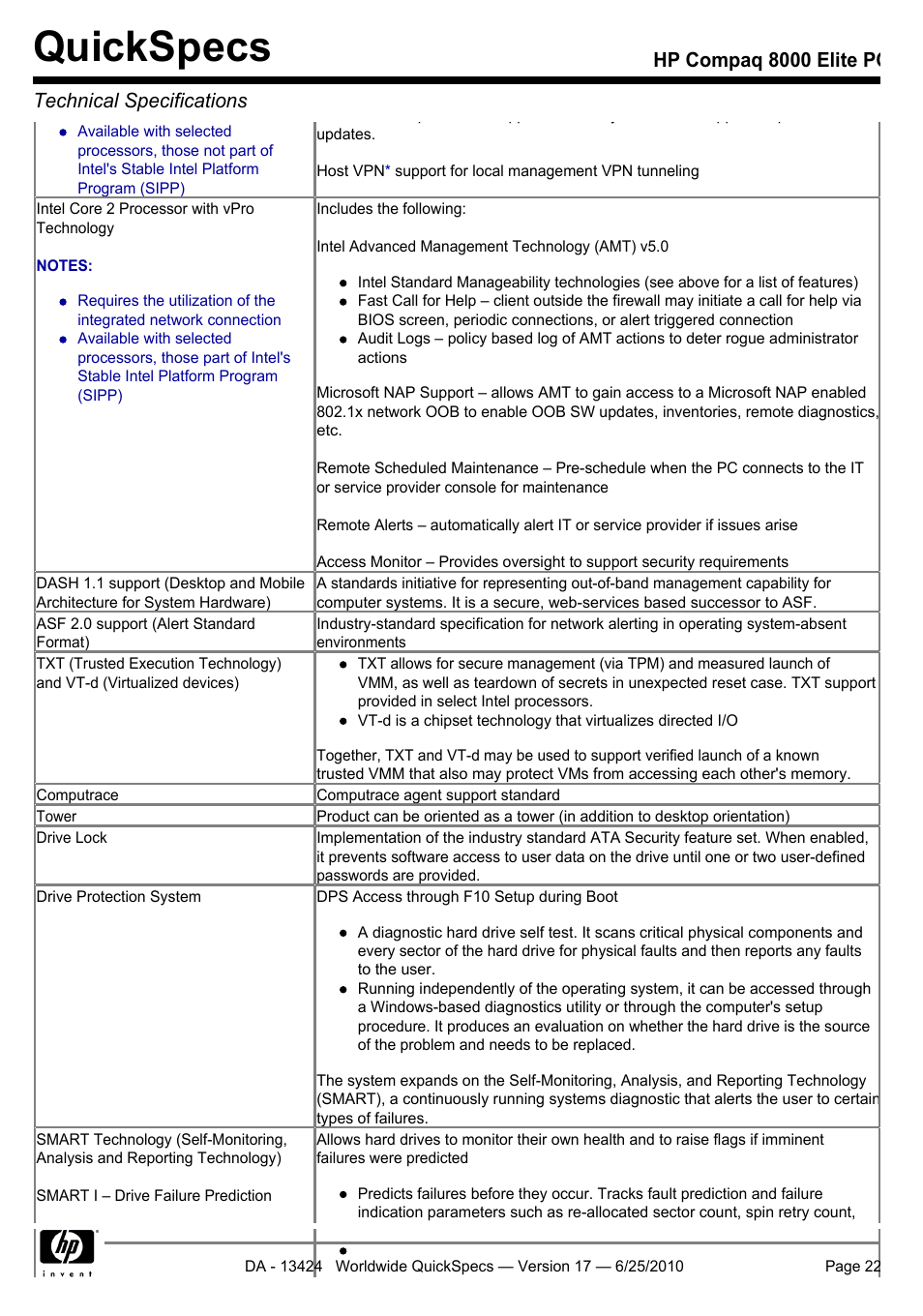 Quickspecs, Hp compaq 8000 elite pc technical specifications | HP ELITE 8000 User Manual | Page 22 / 62