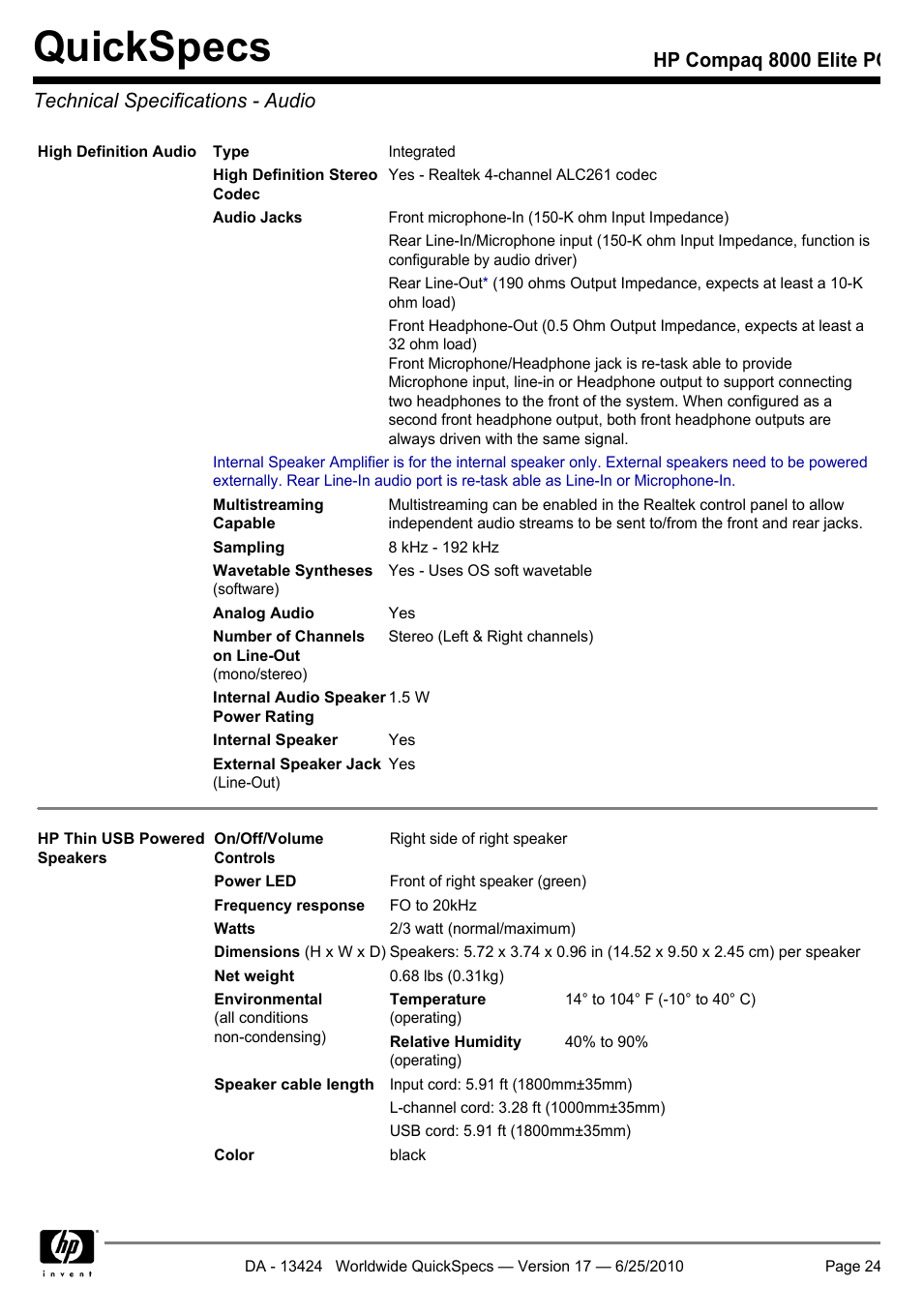 Technical specifications - audio, Quickspecs | HP ELITE 8000 User Manual | Page 24 / 62