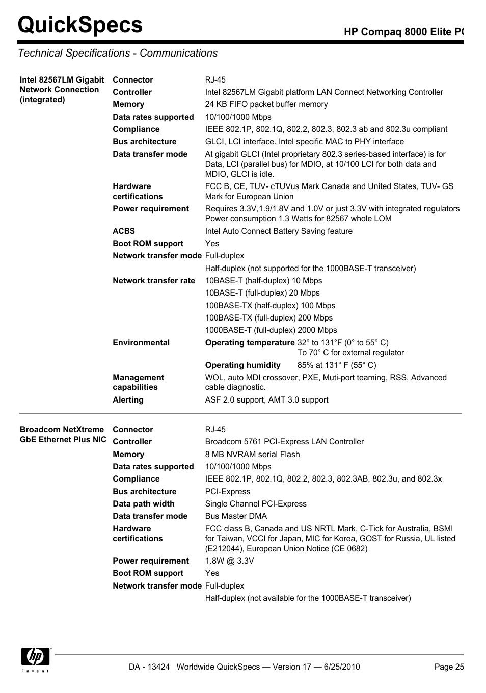 Technical specifications - communications, Quickspecs | HP ELITE 8000 User Manual | Page 25 / 62