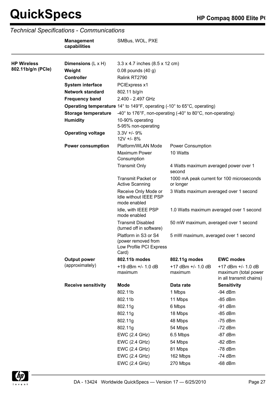 Quickspecs | HP ELITE 8000 User Manual | Page 27 / 62