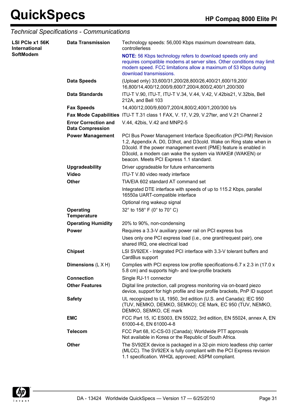 Quickspecs | HP ELITE 8000 User Manual | Page 31 / 62