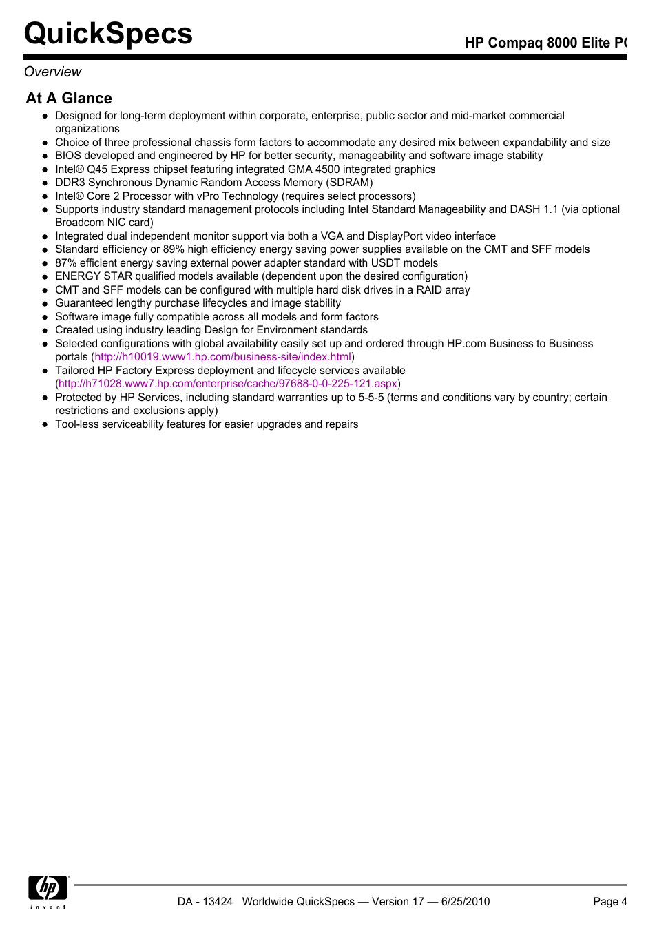 Quickspecs | HP ELITE 8000 User Manual | Page 4 / 62