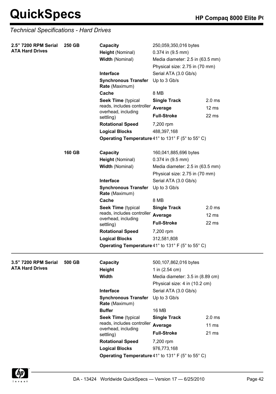 Technical specifications - hard drives, Quickspecs | HP ELITE 8000 User Manual | Page 42 / 62