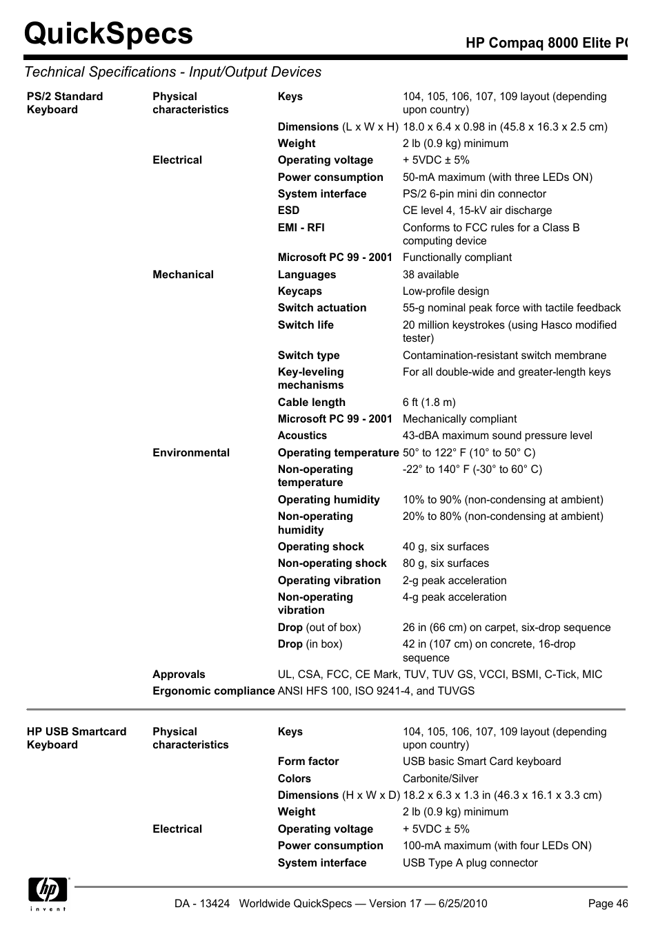 Quickspecs | HP ELITE 8000 User Manual | Page 46 / 62