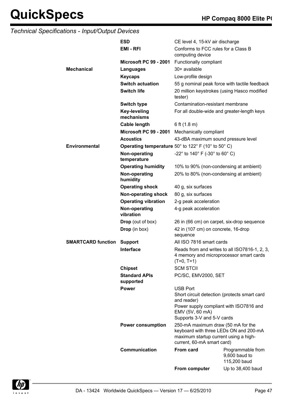 Quickspecs | HP ELITE 8000 User Manual | Page 47 / 62