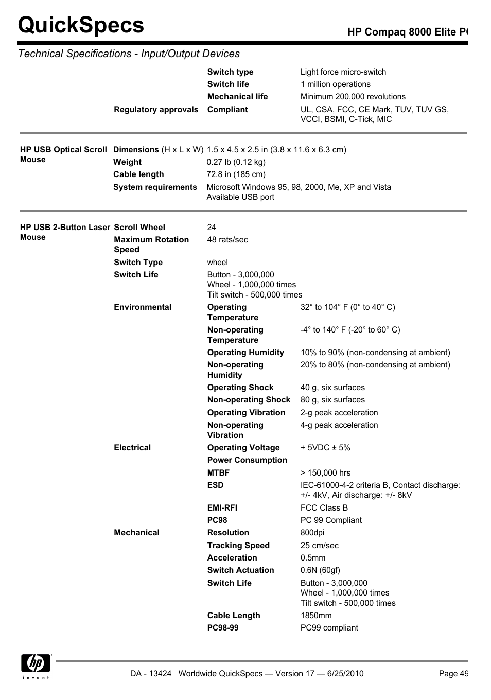 Quickspecs | HP ELITE 8000 User Manual | Page 49 / 62