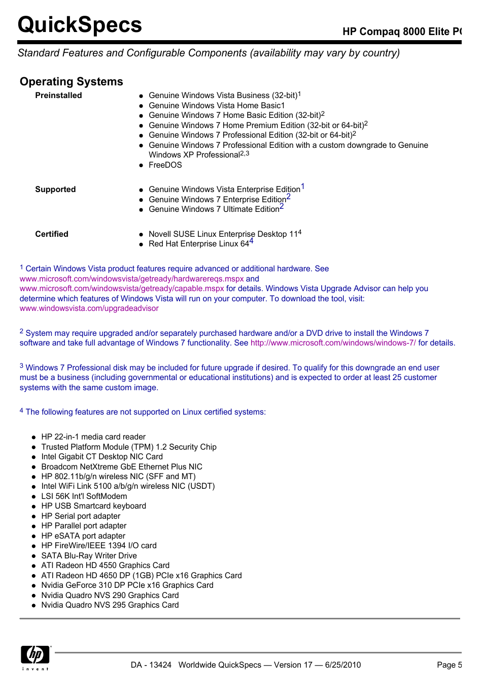 Quickspecs, Operating systems | HP ELITE 8000 User Manual | Page 5 / 62