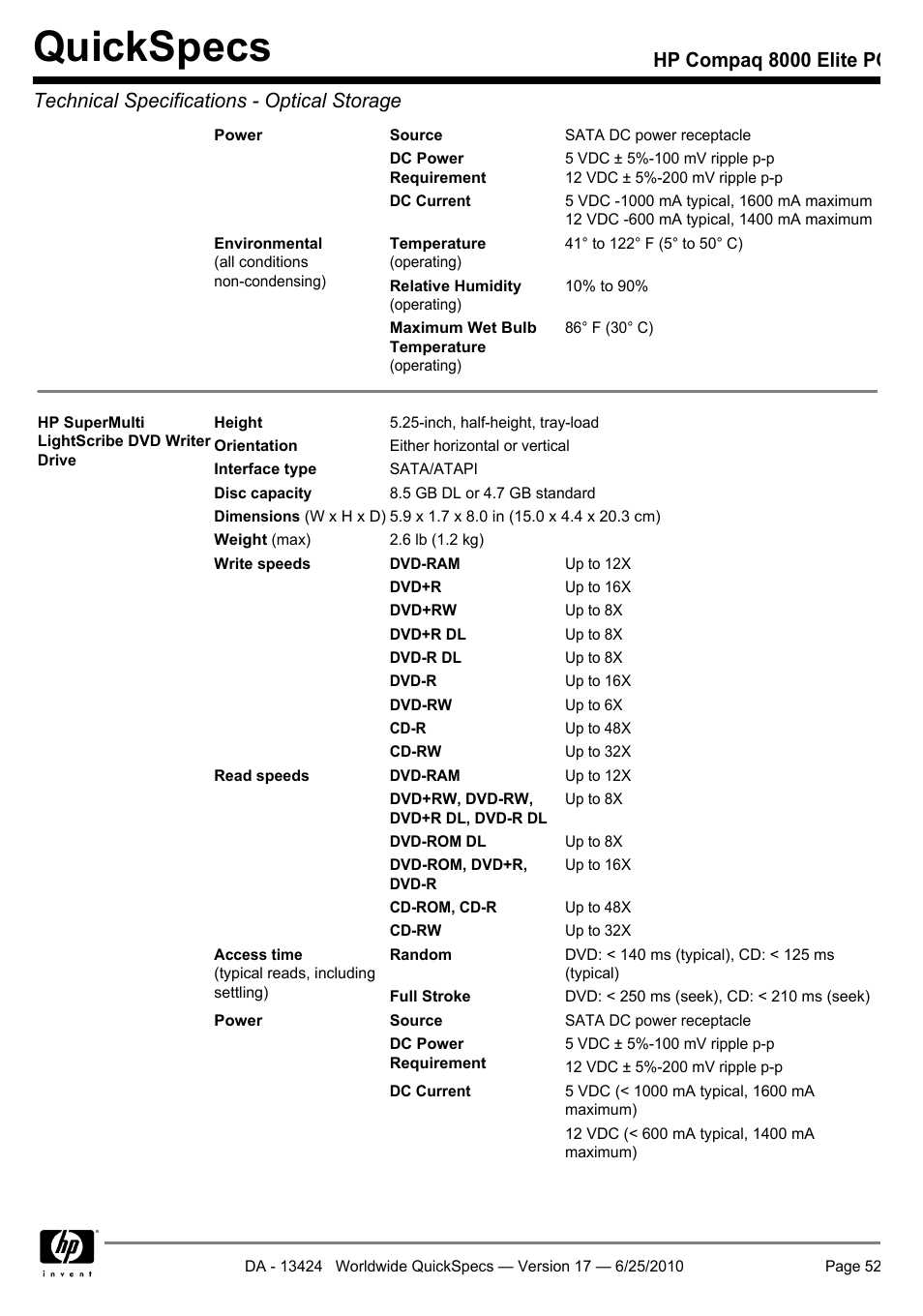 Quickspecs | HP ELITE 8000 User Manual | Page 52 / 62
