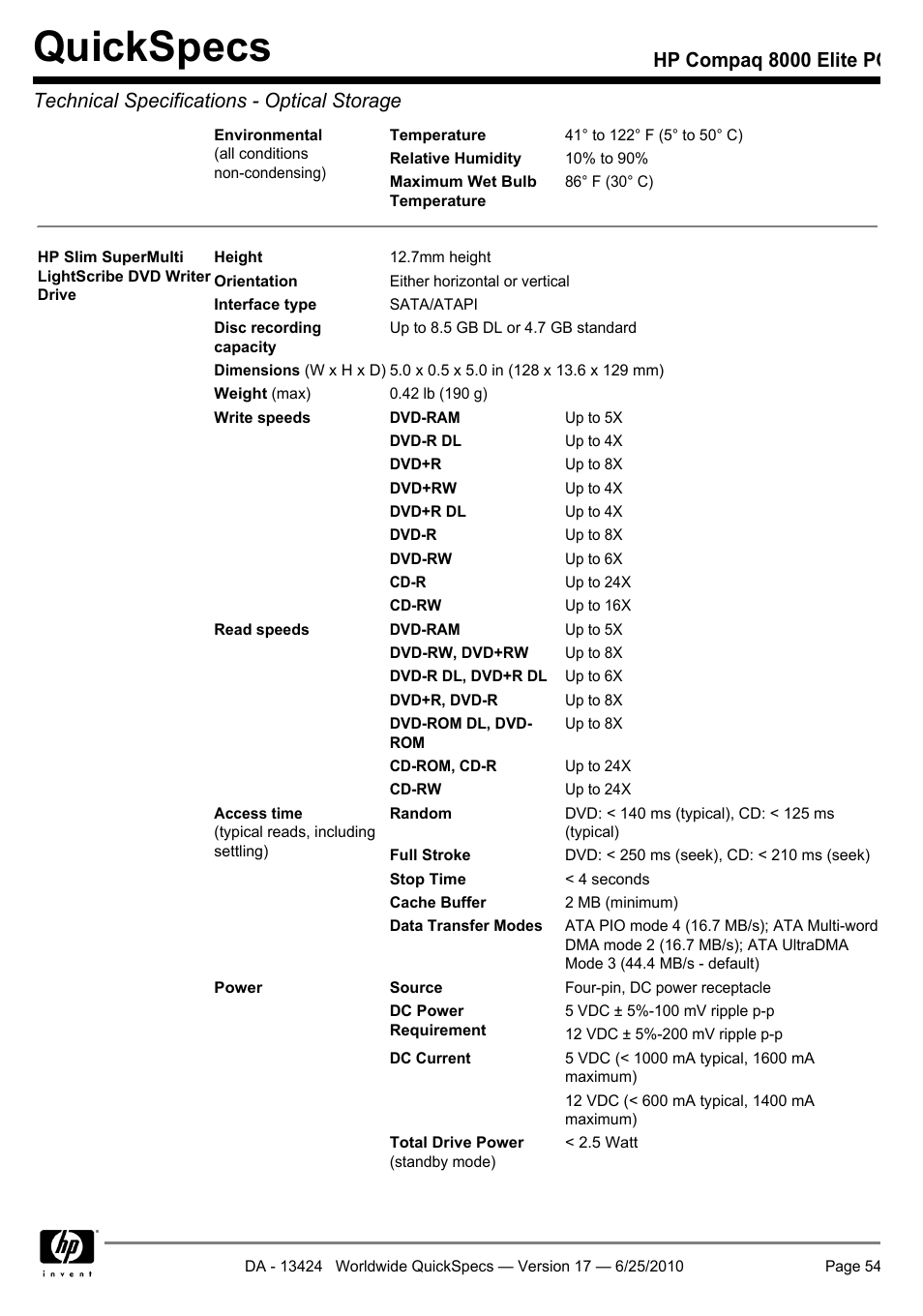 Quickspecs | HP ELITE 8000 User Manual | Page 54 / 62