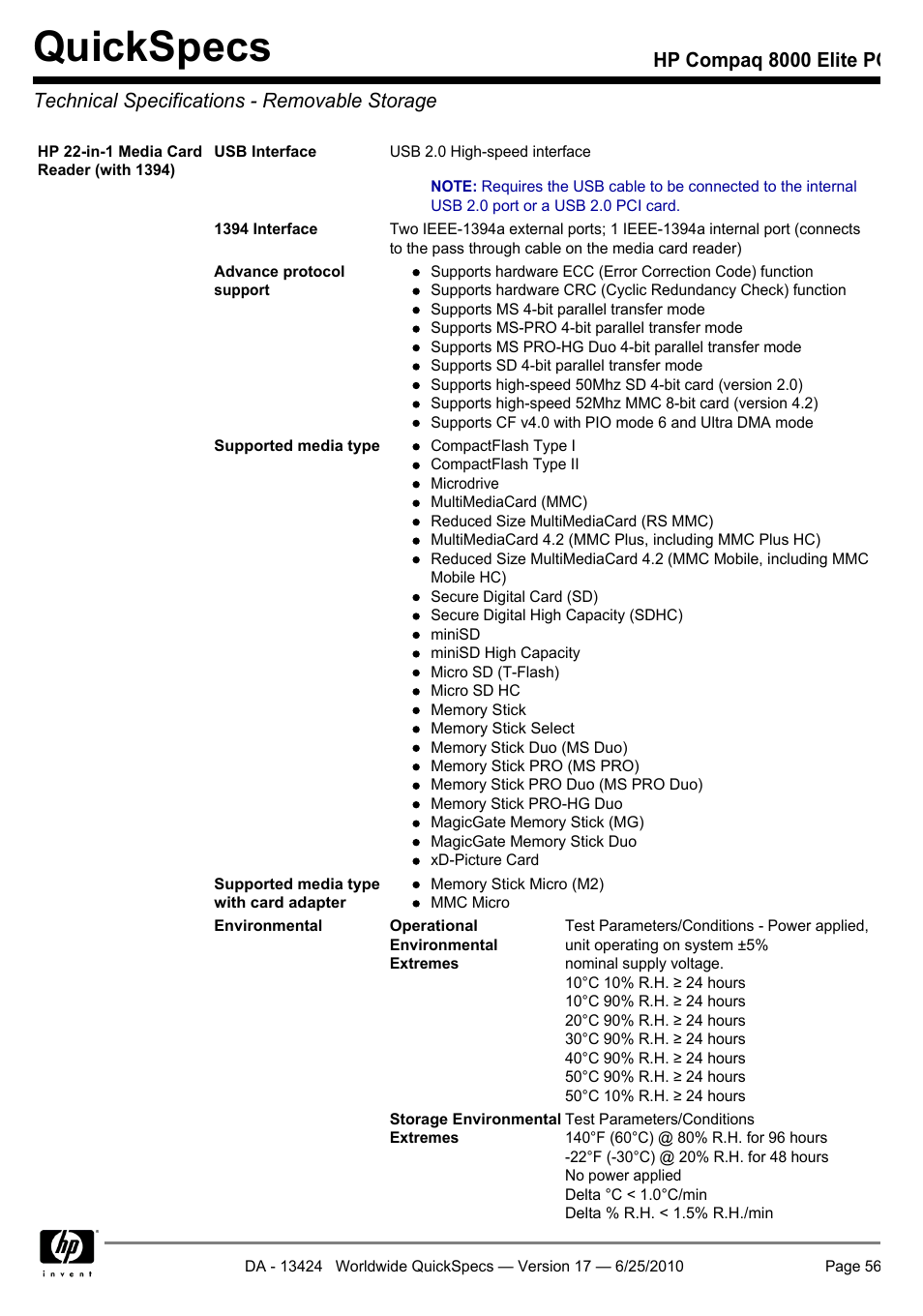 Technical specifications - removable storage, Quickspecs | HP ELITE 8000 User Manual | Page 56 / 62