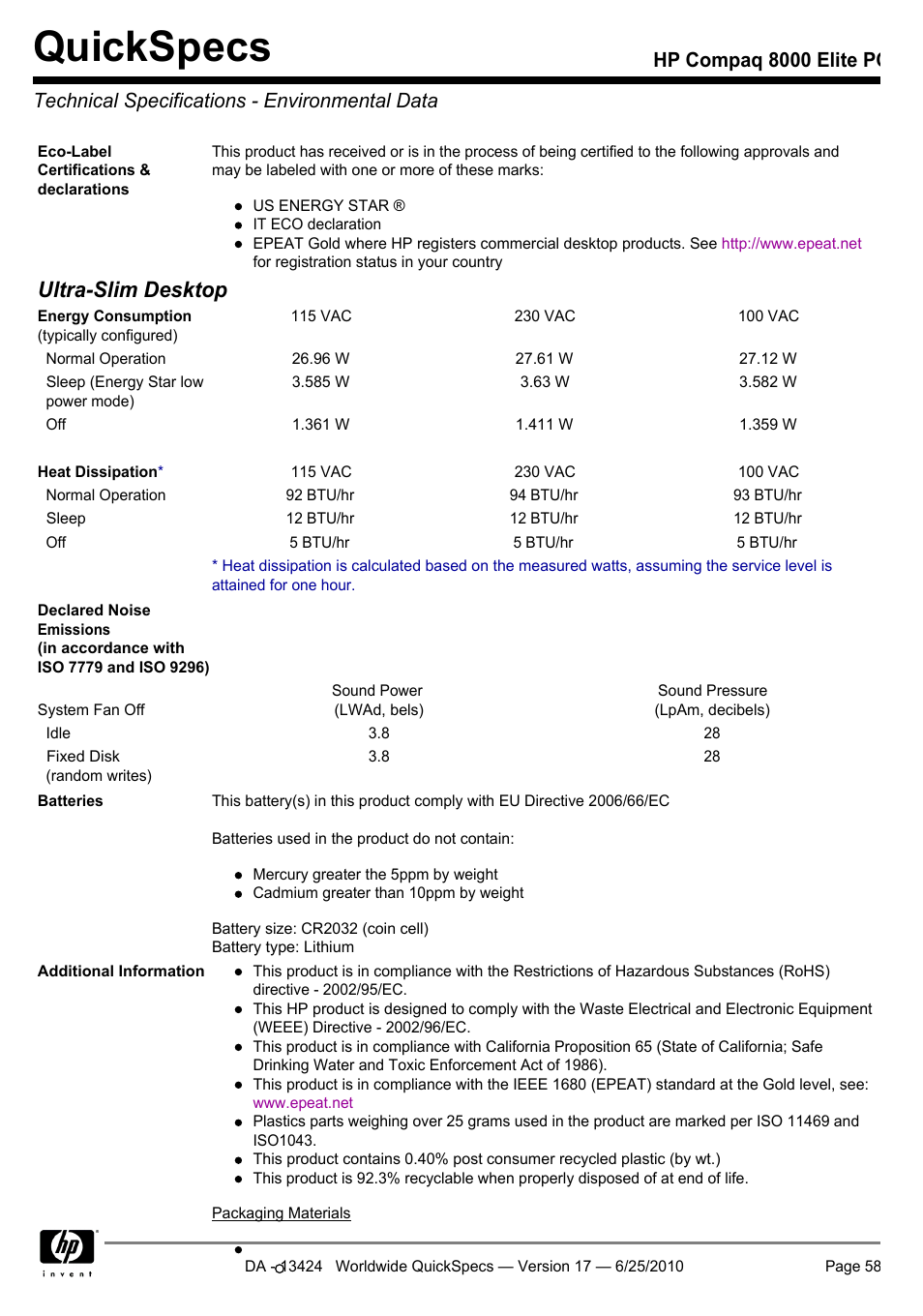 Technical specifications - environmental data, Quickspecs, Ultra-slim desktop | HP ELITE 8000 User Manual | Page 58 / 62