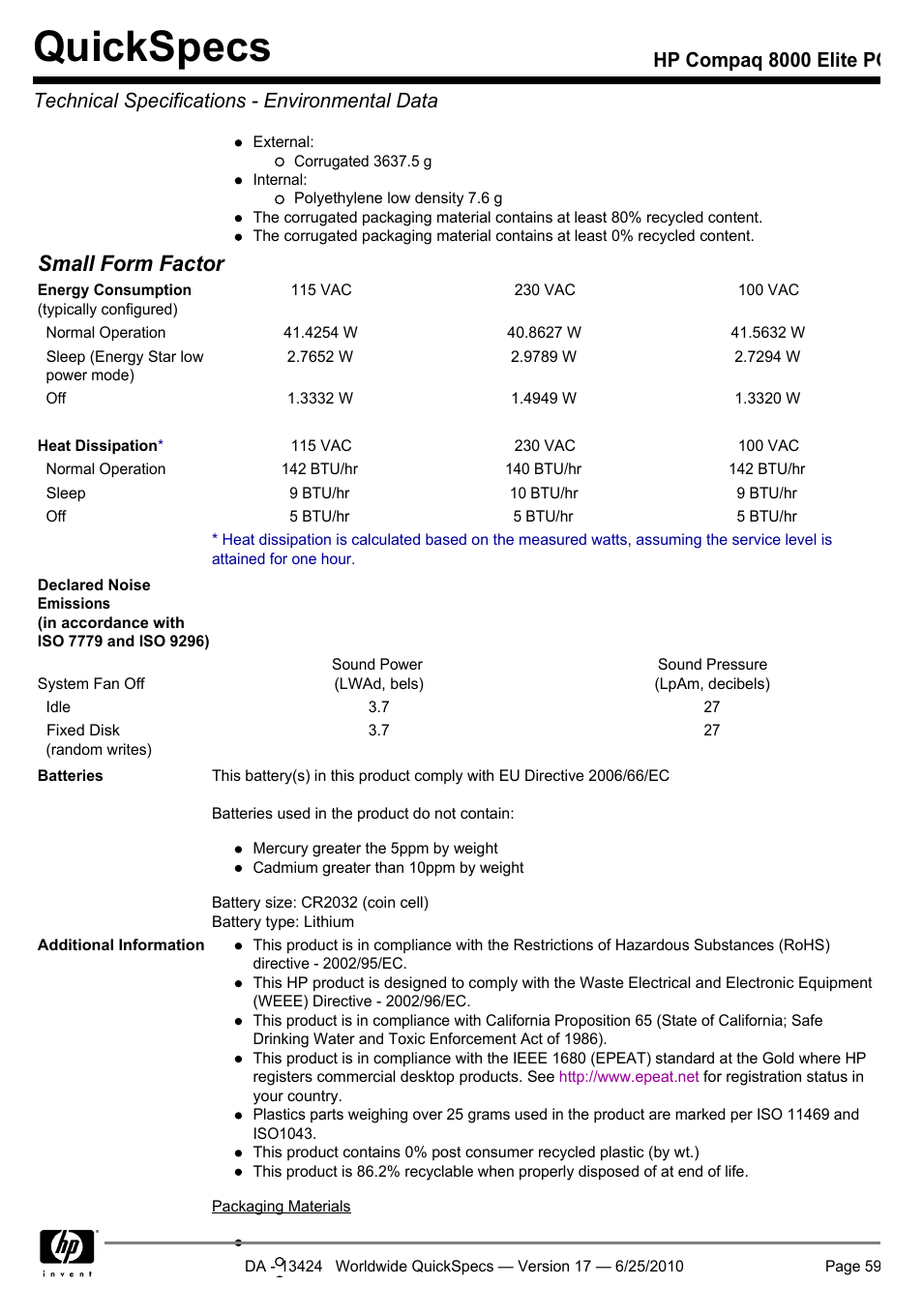 Quickspecs, Small form factor | HP ELITE 8000 User Manual | Page 59 / 62