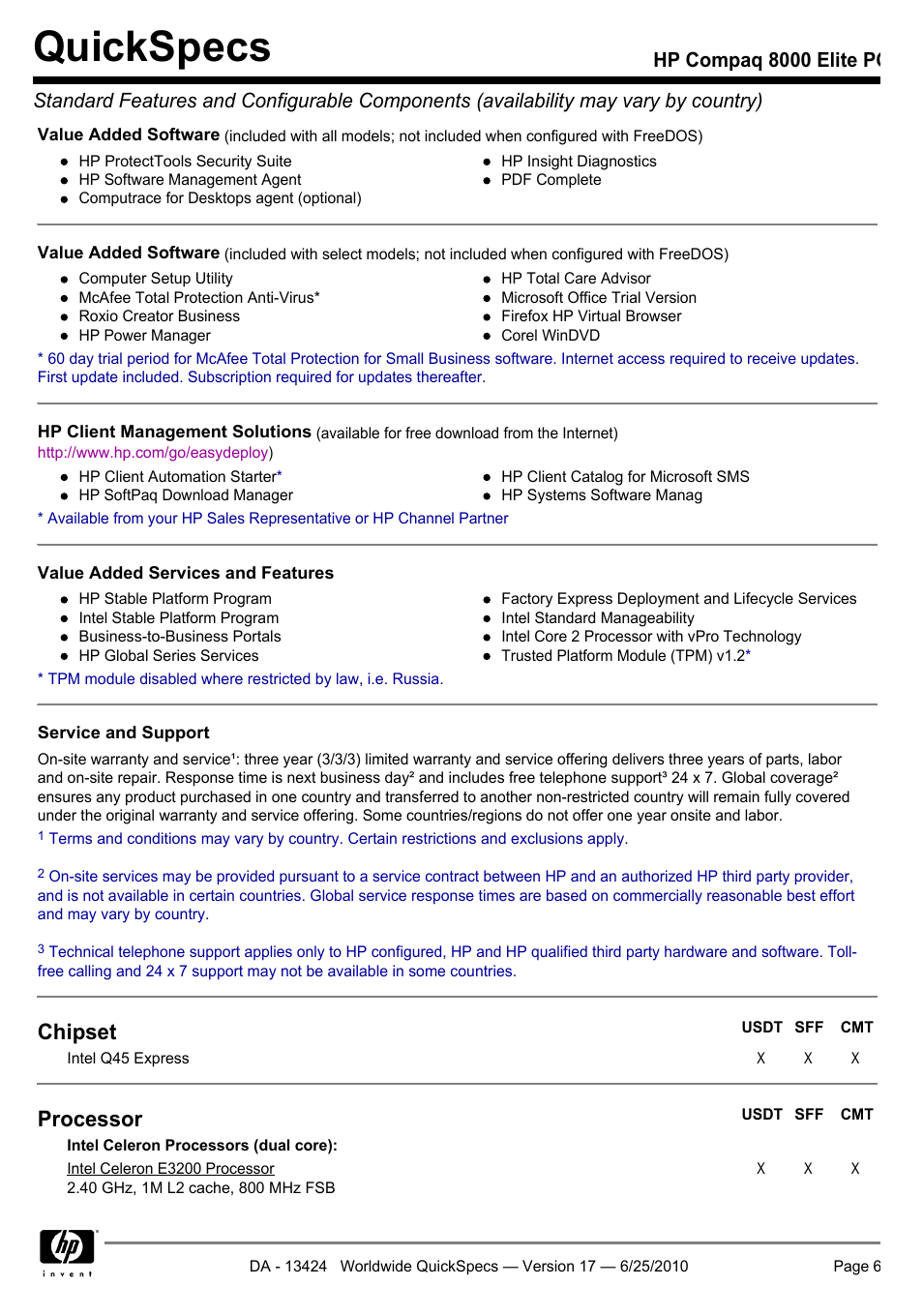 Quickspecs, Chipset, Processor | HP ELITE 8000 User Manual | Page 6 / 62