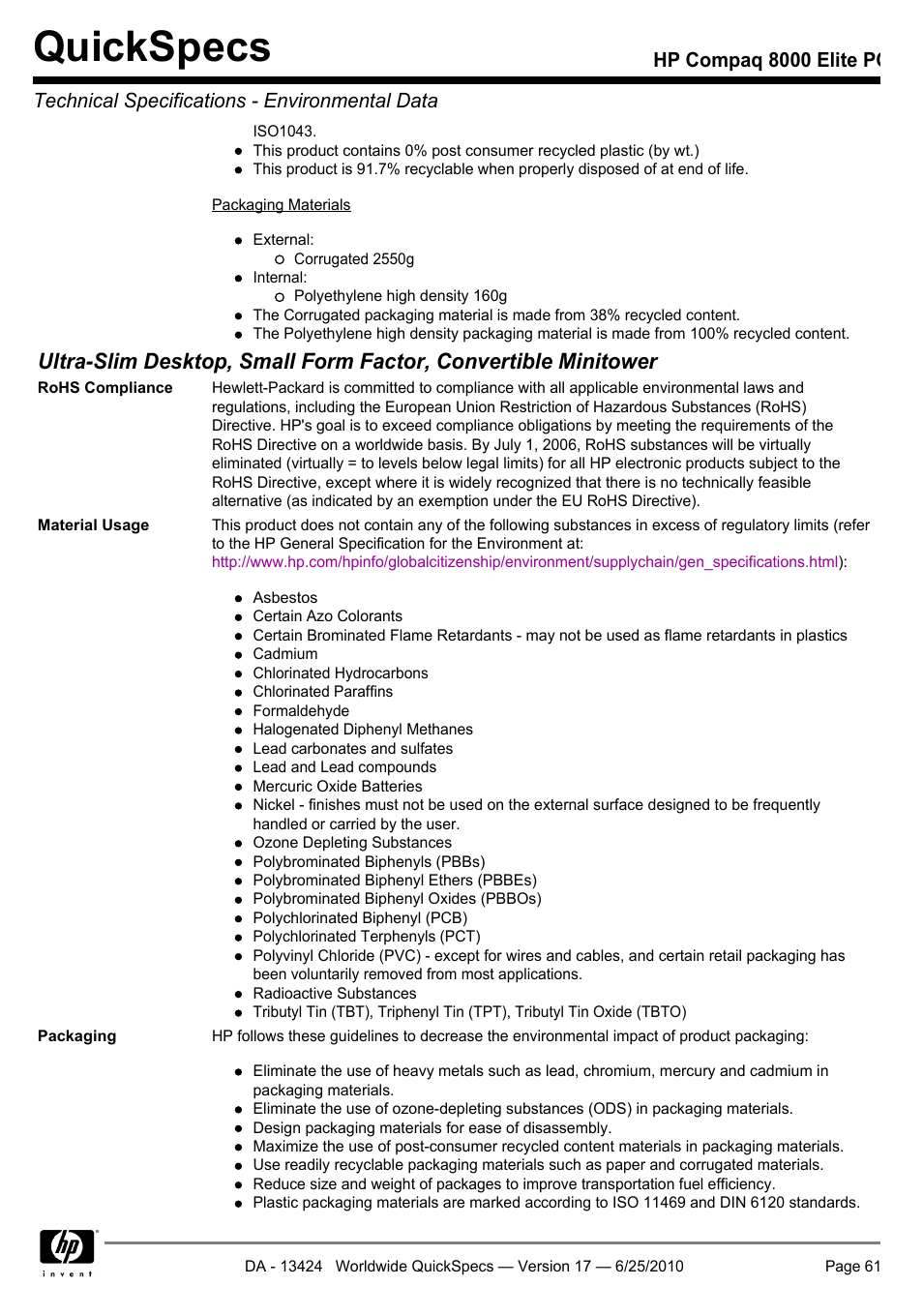 Quickspecs | HP ELITE 8000 User Manual | Page 61 / 62