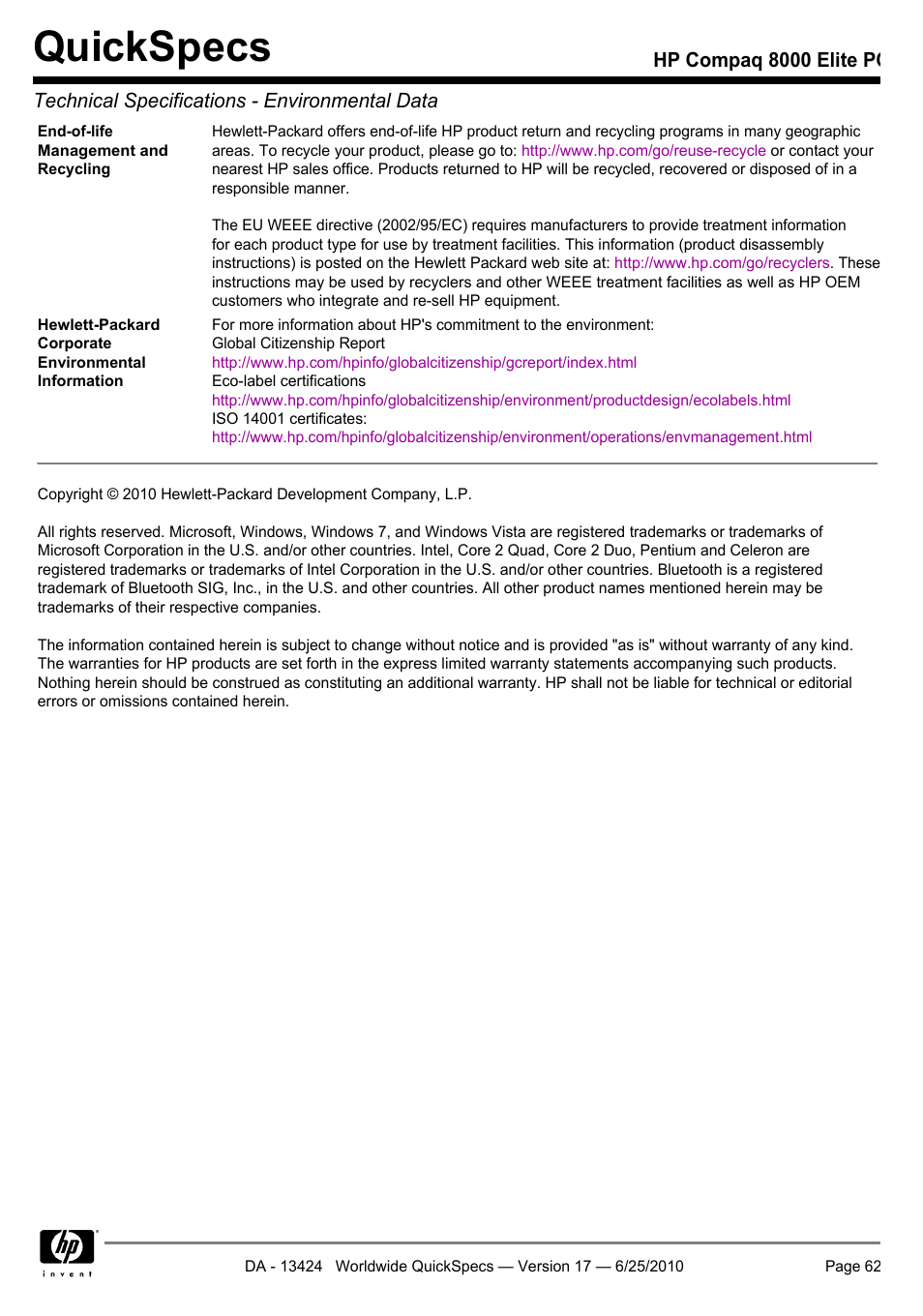 Quickspecs | HP ELITE 8000 User Manual | Page 62 / 62