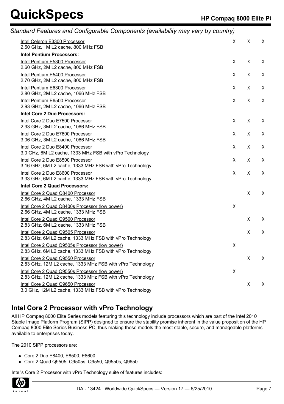 Quickspecs, Intel core 2 processor with vpro technology | HP ELITE 8000 User Manual | Page 7 / 62