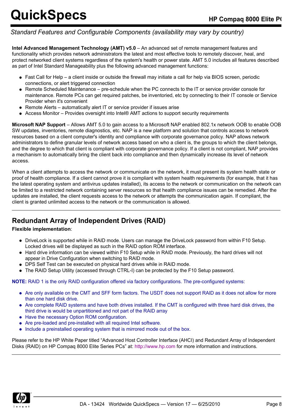 Quickspecs, Redundant array of independent drives (raid) | HP ELITE 8000 User Manual | Page 8 / 62