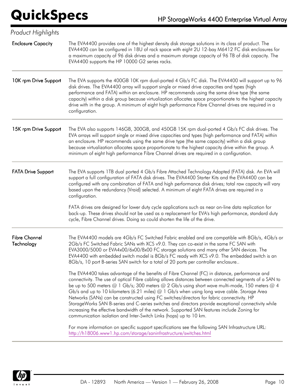 Quickspecs, Hp storageworks 4400 enterprise virtual array | HP 4400 User Manual | Page 10 / 31