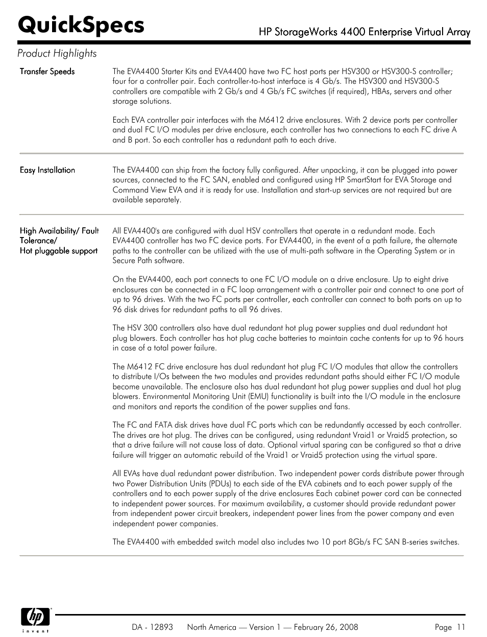 Quickspecs, Hp storageworks 4400 enterprise virtual array | HP 4400 User Manual | Page 11 / 31