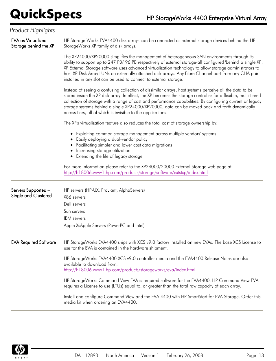 Quickspecs, Hp storageworks 4400 enterprise virtual array | HP 4400 User Manual | Page 13 / 31