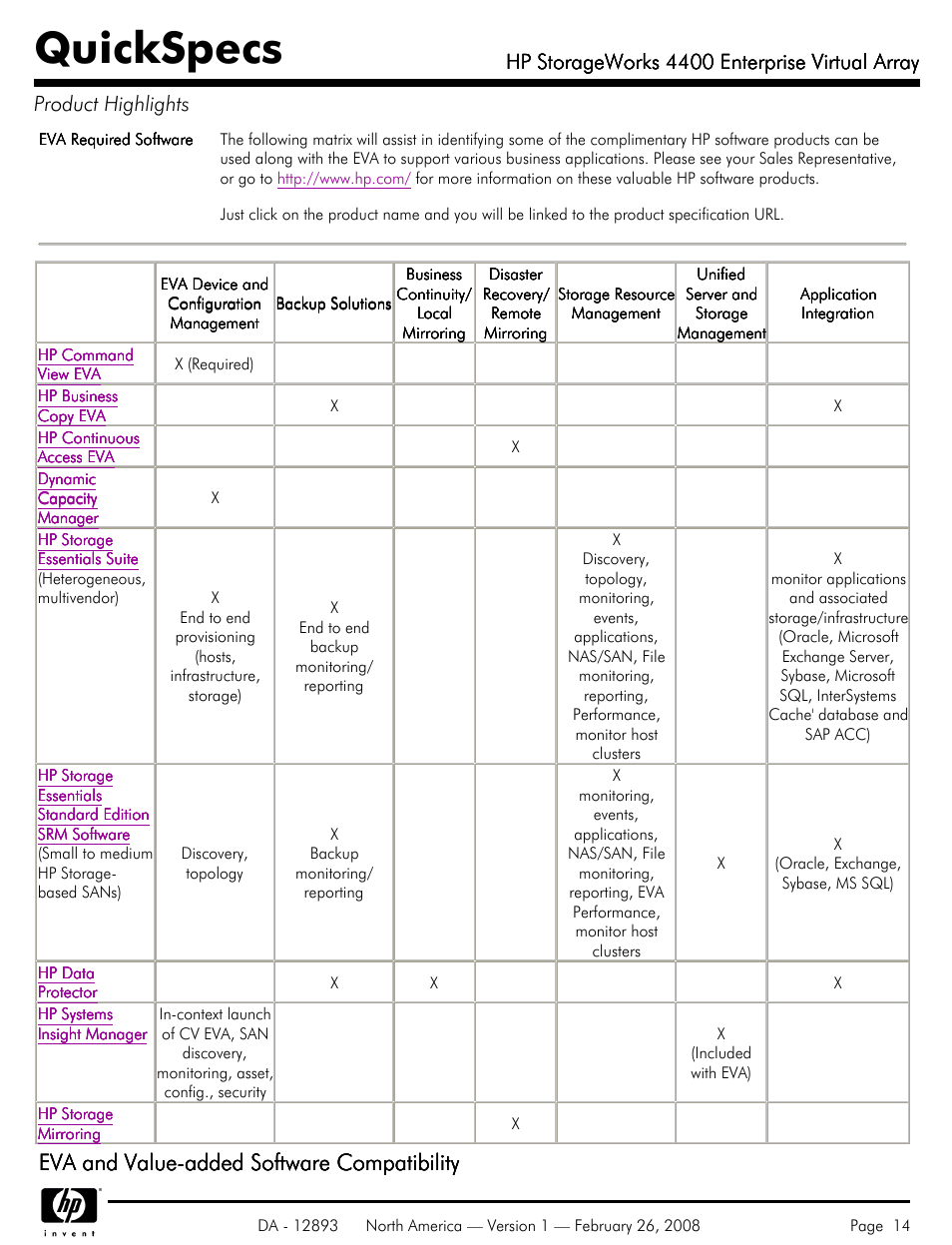 Quickspecs, Eva and value-added software compatibility, Hp storageworks 4400 enterprise virtual array | HP 4400 User Manual | Page 14 / 31