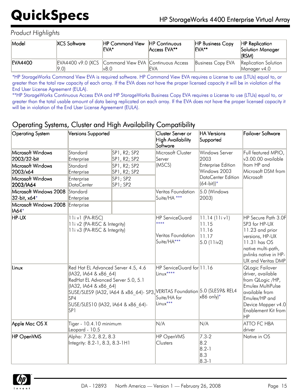 Quickspecs, Hp storageworks 4400 enterprise virtual array | HP 4400 User Manual | Page 15 / 31