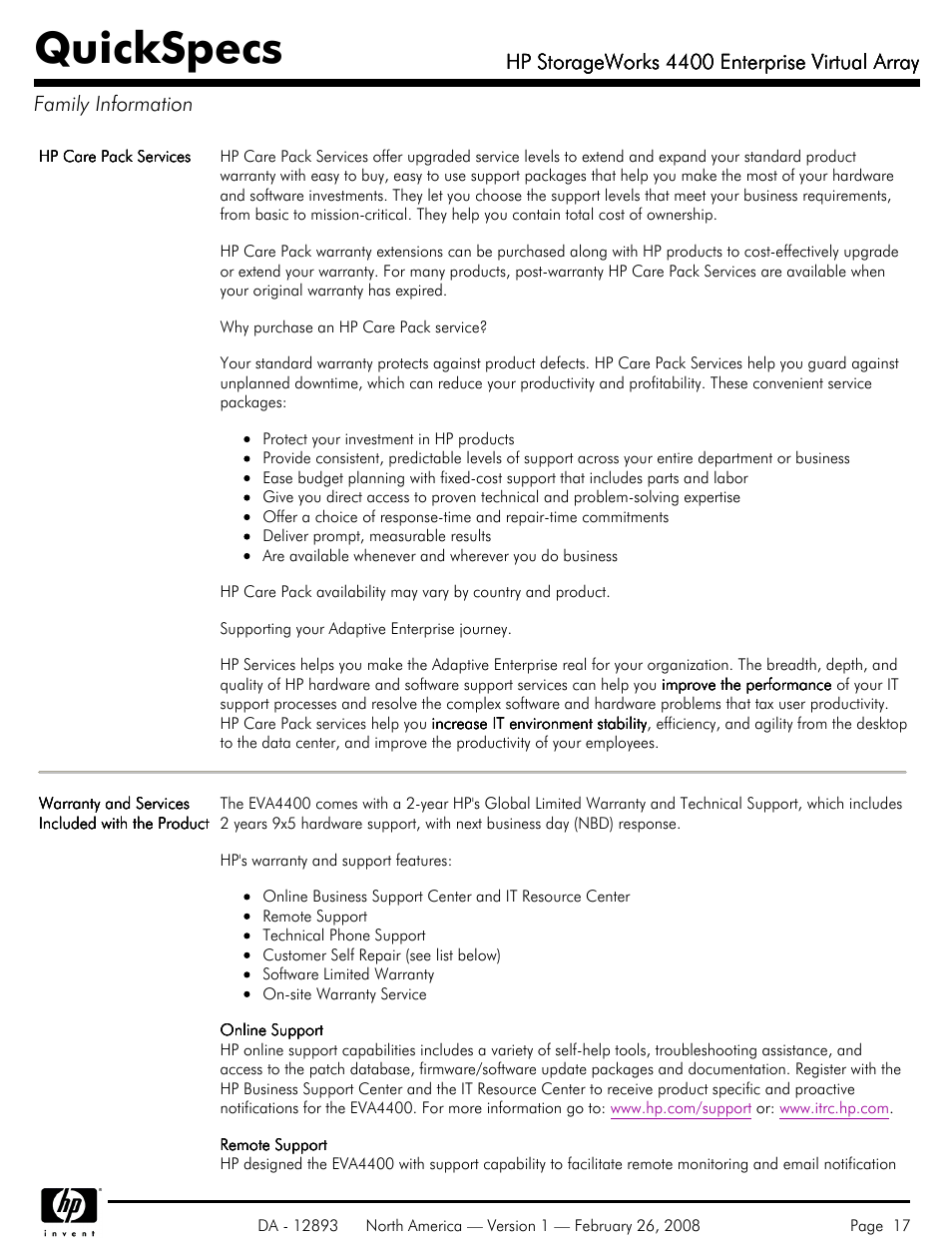 Family information, Quickspecs, Hp storageworks 4400 enterprise virtual array | HP 4400 User Manual | Page 17 / 31