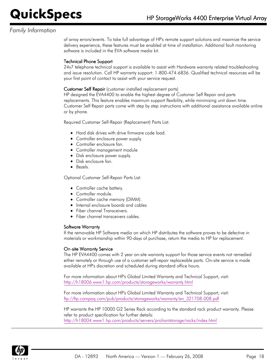 Quickspecs, Hp storageworks 4400 enterprise virtual array | HP 4400 User Manual | Page 18 / 31