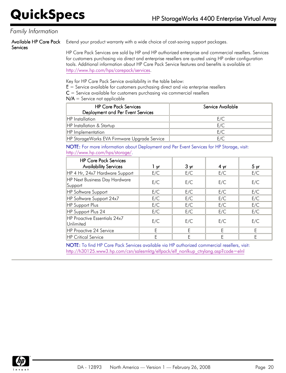 Quickspecs, Hp storageworks 4400 enterprise virtual array | HP 4400 User Manual | Page 20 / 31