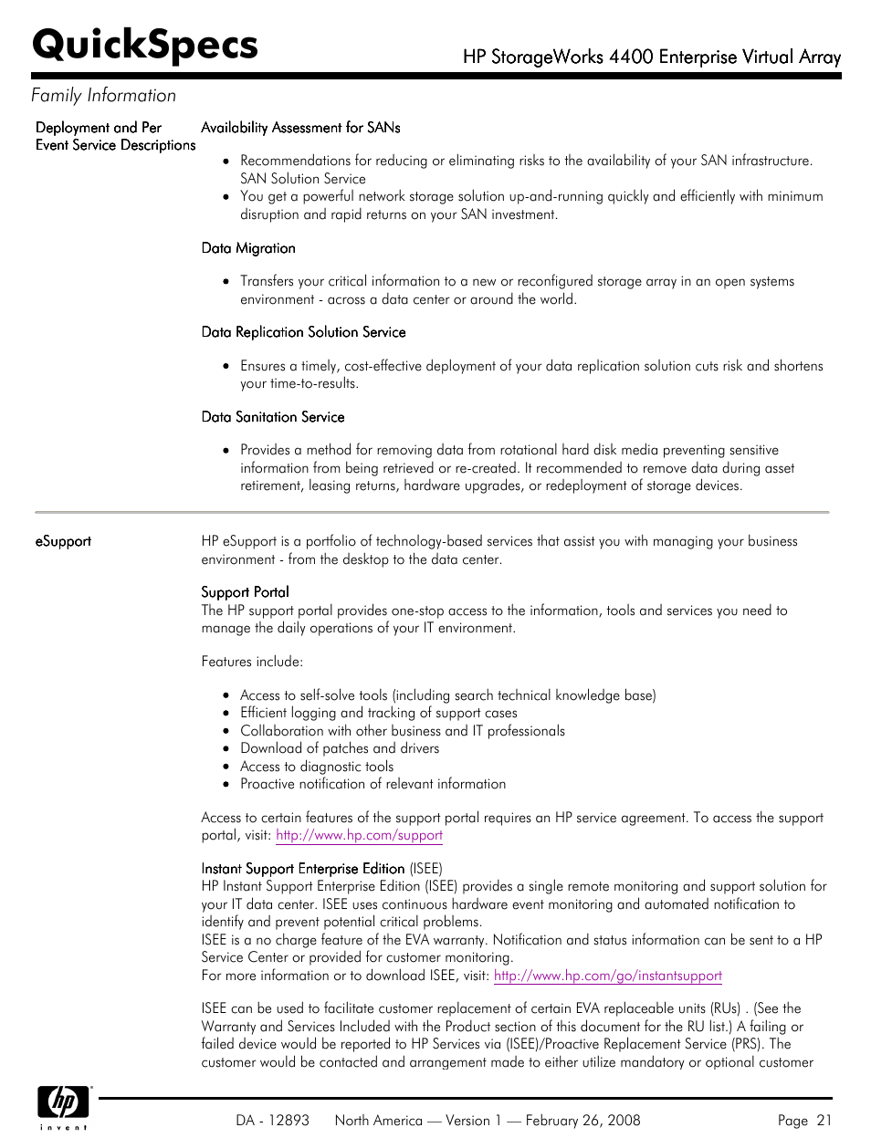 Quickspecs, Hp storageworks 4400 enterprise virtual array | HP 4400 User Manual | Page 21 / 31