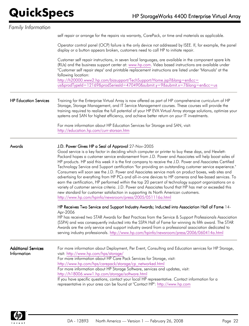 Quickspecs, Hp storageworks 4400 enterprise virtual array | HP 4400 User Manual | Page 22 / 31