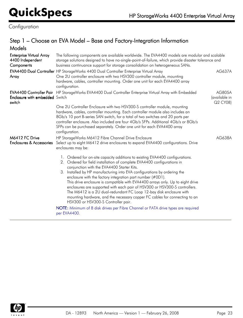 Configuration, Quickspecs, Models | Hp storageworks 4400 enterprise virtual array | HP 4400 User Manual | Page 23 / 31