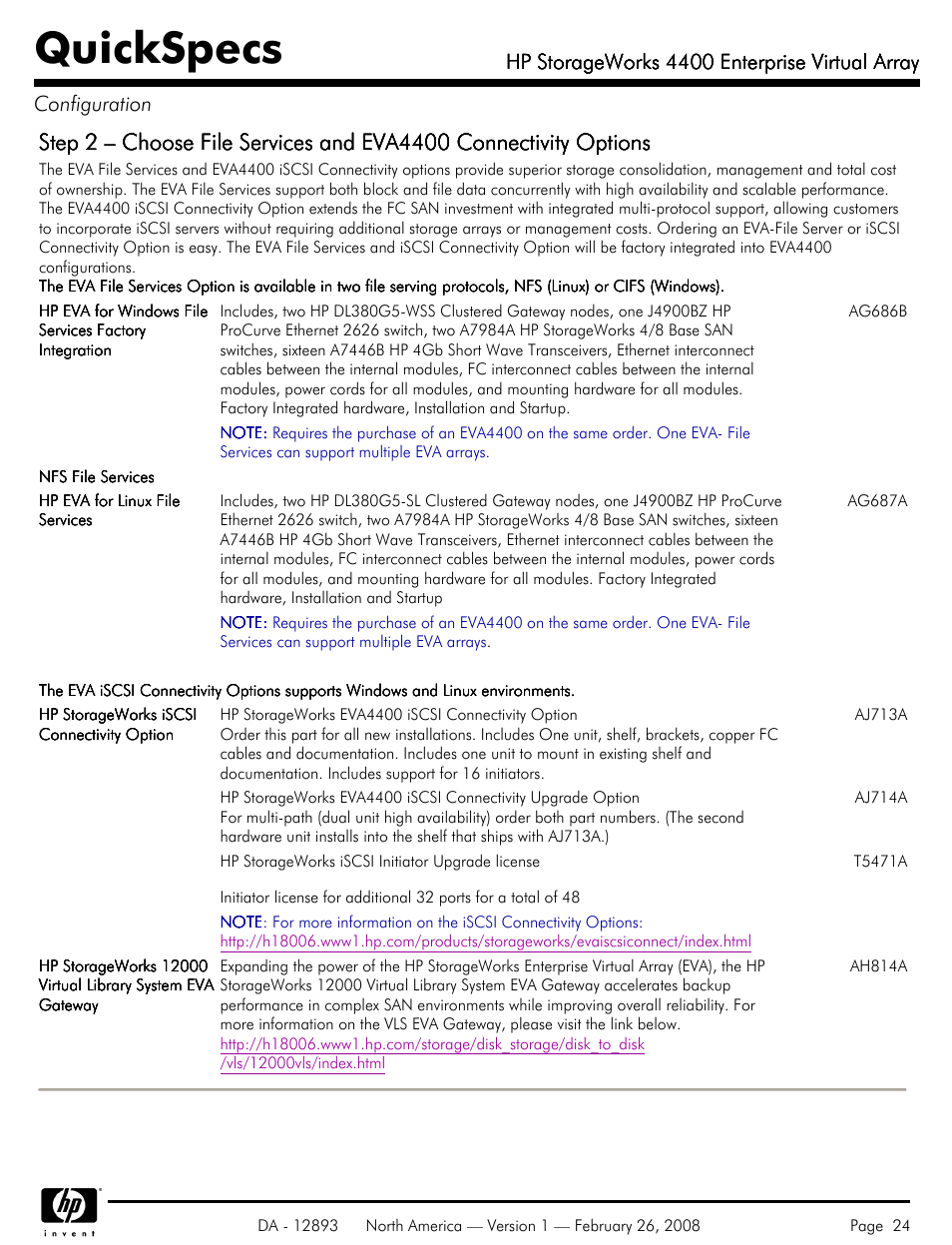 Quickspecs, Hp storageworks 4400 enterprise virtual array | HP 4400 User Manual | Page 24 / 31