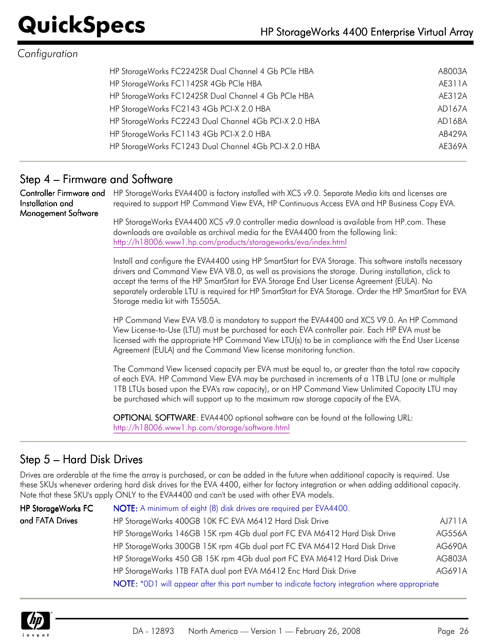 Quickspecs, Step 4 – firmware and software, Step 5 – hard disk drives | Hp storageworks 4400 enterprise virtual array | HP 4400 User Manual | Page 26 / 31