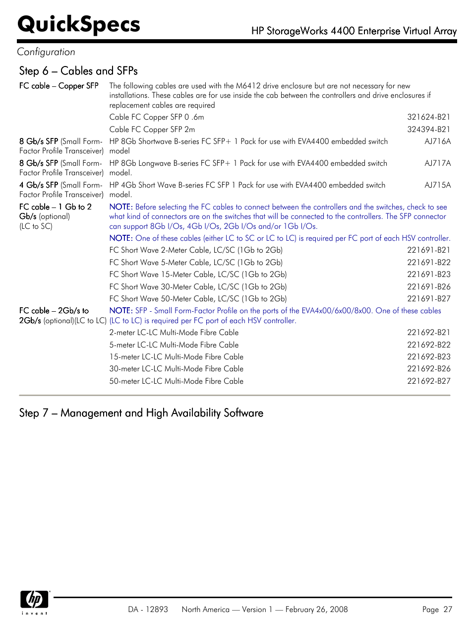 Quickspecs, Step 6 – cables and sfps, Step 7 – management and high availability software | Hp storageworks 4400 enterprise virtual array | HP 4400 User Manual | Page 27 / 31