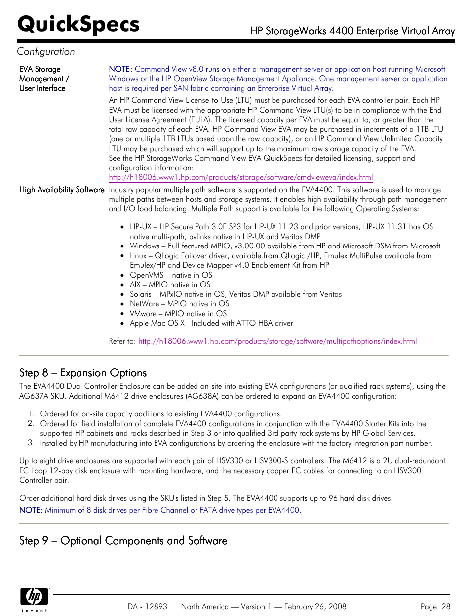 Quickspecs, Step 8 – expansion options, Step 9 – optional components and software | HP 4400 User Manual | Page 28 / 31