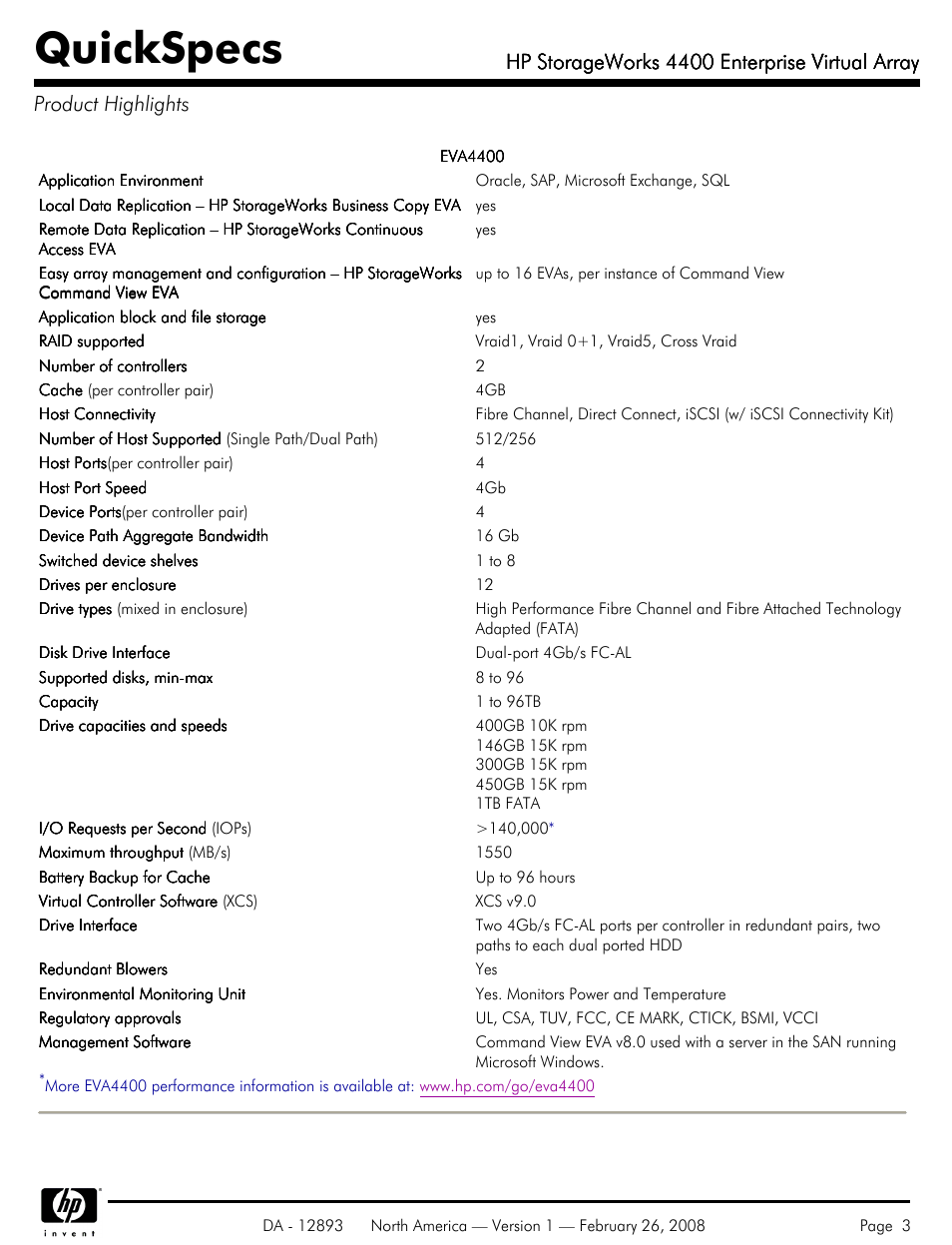 Product highlights, Quickspecs, Hp storageworks 4400 enterprise virtual array | HP 4400 User Manual | Page 3 / 31