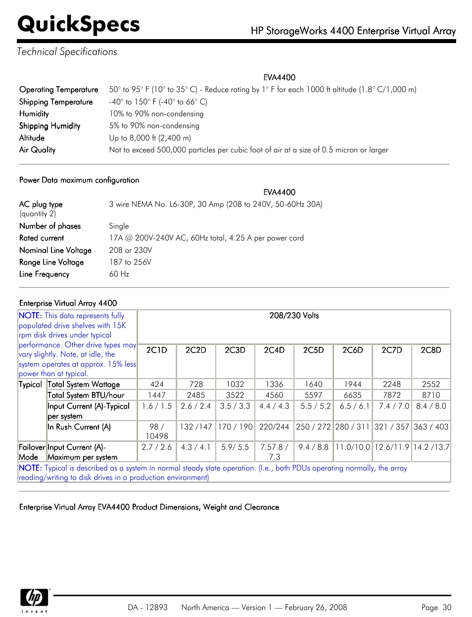 Technical specifications, Quickspecs, Hp storageworks 4400 enterprise virtual array | HP 4400 User Manual | Page 30 / 31