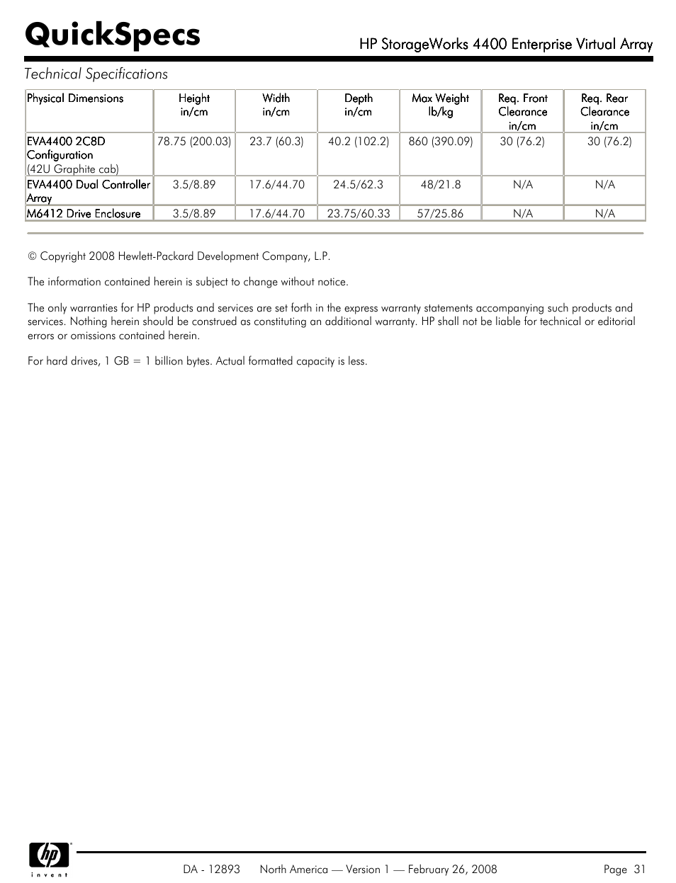 Quickspecs, Hp storageworks 4400 enterprise virtual array | HP 4400 User Manual | Page 31 / 31
