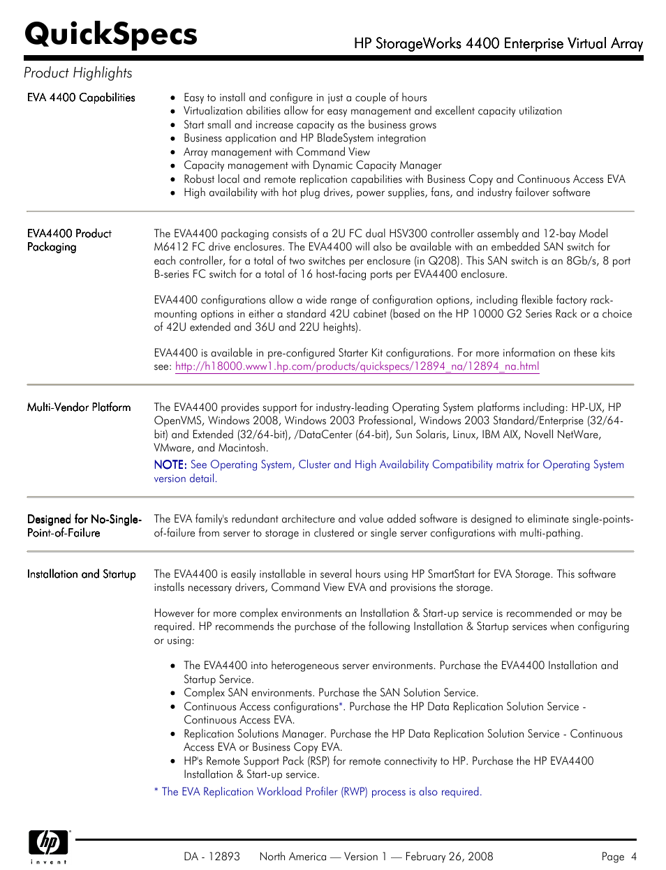 Quickspecs, Hp storageworks 4400 enterprise virtual array | HP 4400 User Manual | Page 4 / 31